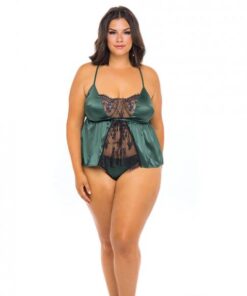 Cammi Eyelash & Satin Cami W/tanga Panty Dark Green/black 3x/4x